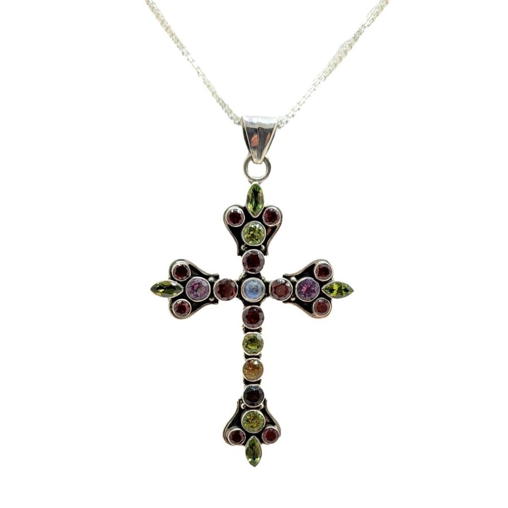 Fleur de Lis Gemstone Cross Pendant with Chain Nicky Butler .925 Sterling Silver - Picture 4 of 12
